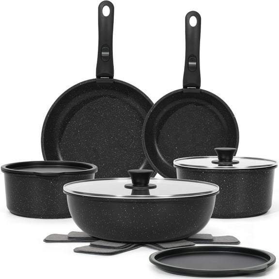 Soday 15 Pcs Pots and Pans Set Removable Handle Cookware Cooking Nonstick Cookware Oven Safe, Black
