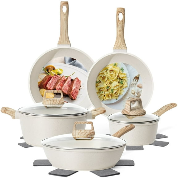 Soday 12 Piece Pots and Pans Set Granite Cookware Nonstick Skillet Frying Pan Kitchen Cooking Set,White