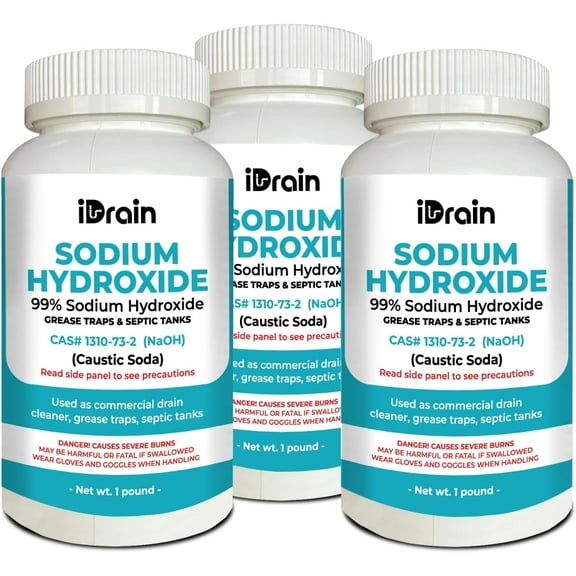 Sodium Hydroxide (NaOH) Caustic Soda for Laboratory, Manufacturing, Water Treatment, Drains, and Food 1-Pound | Pack of 3