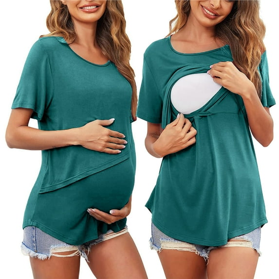 Maternity Outfits Pregnant Womens Nursing Solid Color Round Neck Short Sleeve Round Neck Breastfeeding Blouse