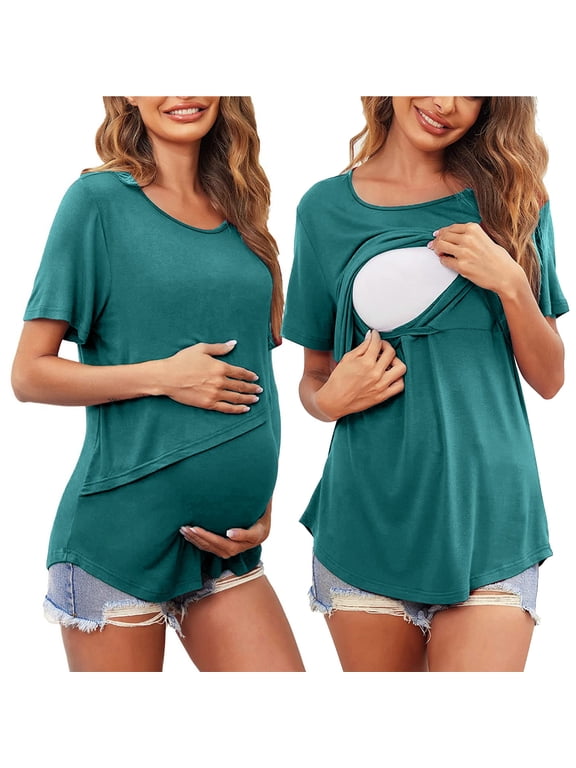 Maternity Outfits Pregnant Womens Nursing Solid Color Round Neck Short Sleeve Round Neck Breastfeeding Blouse