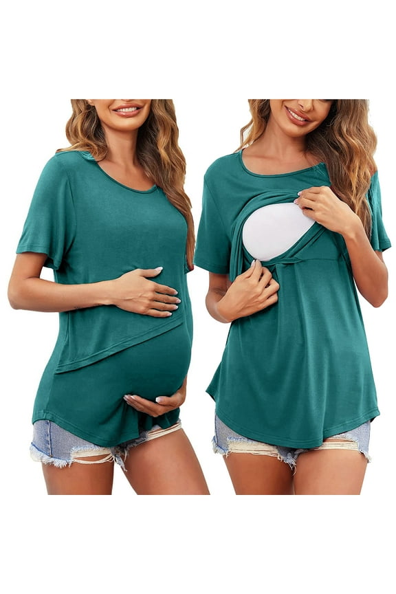 Maternity Top Pregnant Womens Nursing Solid Color Round Neck Short Sleeve Round Neck Breastfeeding Blouse