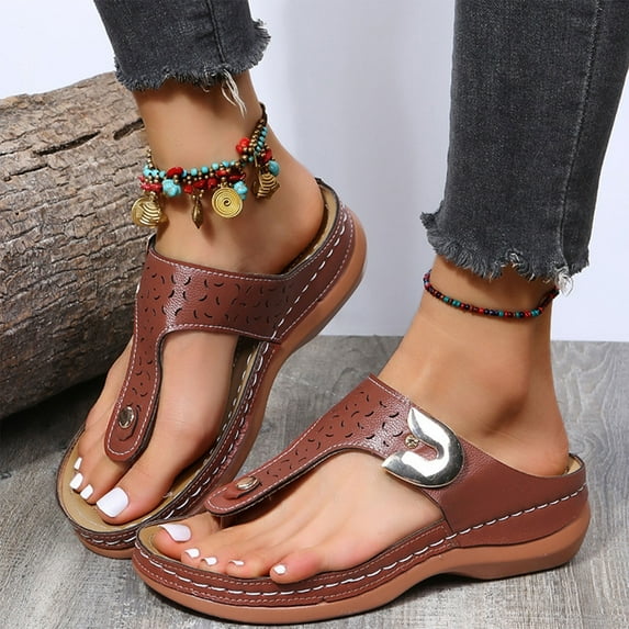 Sodopo Platforms Sandals for Women Casual Summer Comfortable Flip Flops with Arch Support Womens Decorative Metal Buckle Leather Cushioning Wedge Sandals Shoes Thong Slippers