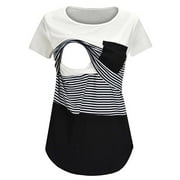 SODOPO Plus Size Maternity Tops Womens Nursing Stripe Round Neck Short Sleeve Round Neck Breastfeeding Blouse with Pocket