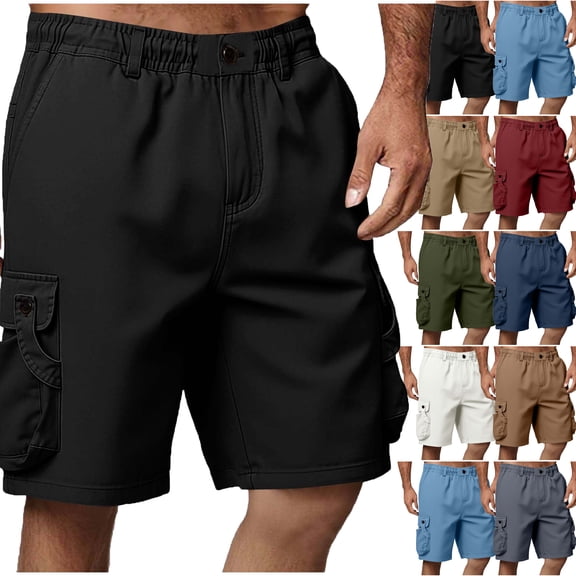 Sodopo Shorts for Men Cargo Shorts Casual Solid Shorts With Multi-pocket Button Zipper Elastic Waist Shoort Pants