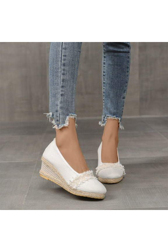 Walking Sandals Women High Heels Shoes Linen Straw Sandals Wedges Casual Canvas Dress Slippers Walking Shoes