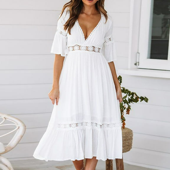 Sodopo Women's Chiffon Summer Dress Wrap Ruffle Hem Pleated Deep V-Neck Lace Maxi Dress Nightdress Solid Short Sleeve Long Dress