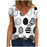 Sodopo Women's Easter Bunny Shirts Rabbit Print Funny T-Shirt Happy Easter Short Sleeve V Neck Summer Top Casual Graphic Tees Top