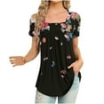 thumbnail image 1 of Sodopo Women's Floral Printed Short Sleeve T-Shirt Square Neck Summer Tops Pleated Shirts Casual Blouses Flowy Tunic Blouse Tops, 1 of 5