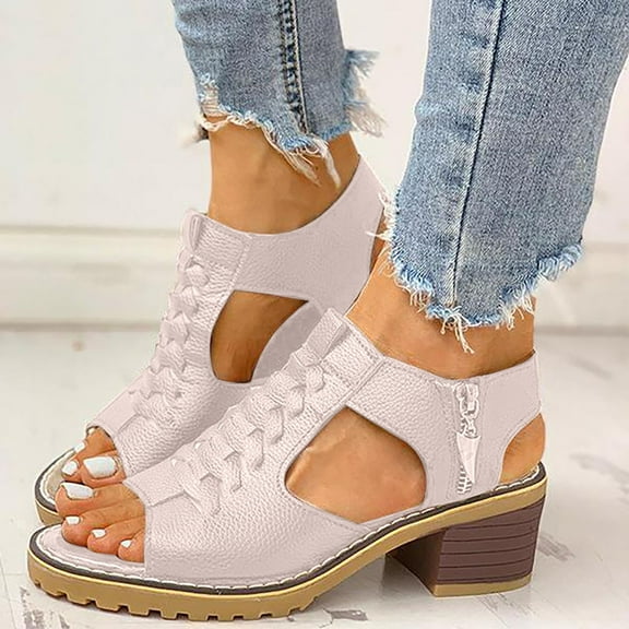 Sodopo Women's Slide Wedge Sandal Open Toe Booties Ruched Cutout Mid Heel Zipper Side Casual Vacation Beach Sandals Summer Shoes