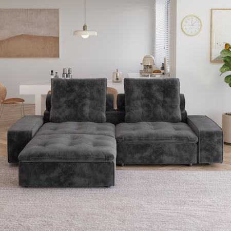 Sodrens 102" Modular Sectional Sofa Cloud Couch,L-Shaped Modern Frosted Velvet Sofa for Living Room,Apartment and Small Space,2-Seat Sofa with One Ottoman,Gray