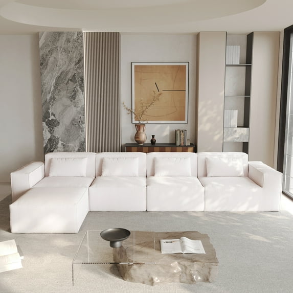 Sdorens 149.62" Modular Sectional Sofa,L-Shape Sofa Cloud Fleece Couch with Pillows,Comfy Sofa with Deep Seats for Living Room,Apartment(4 Seater Sofa with Ottoman,Beige)