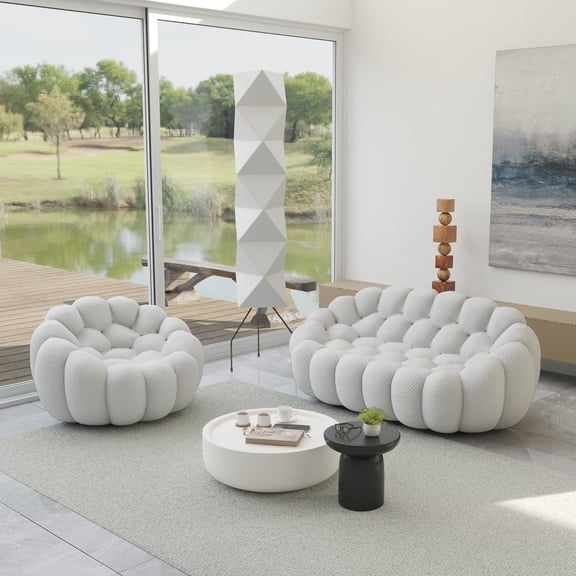 Sodrens 79.53" Bubble Couch with Ottoman,Modern Upholstered Mesh Fabric Lazy Floor Sofa,3D Honeycomb Shape Bubble Sofa Curved Couch for Living Room,Office,Apartment,No-Assembly(Light Gray)