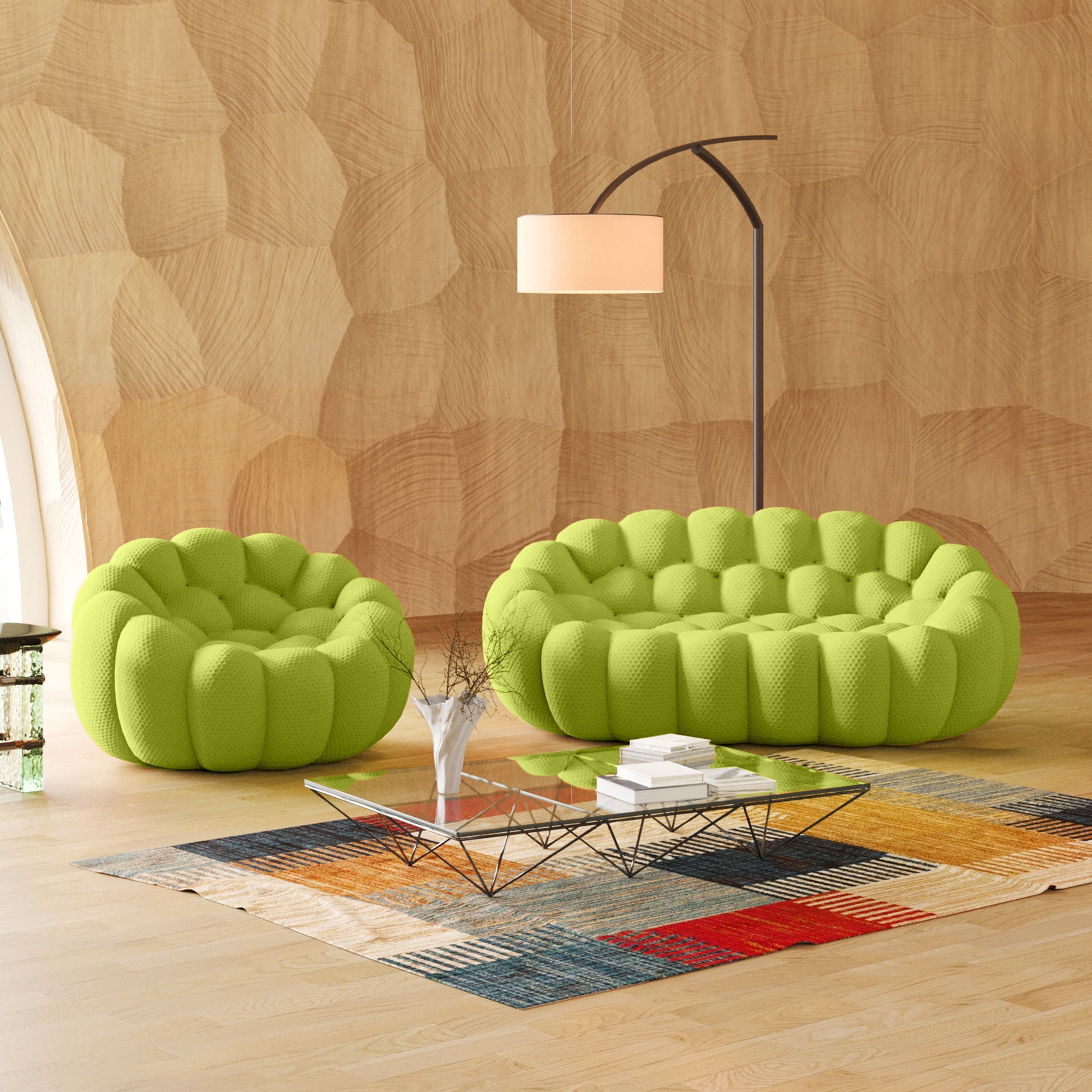 Sodrens 79.53" Bubble Couch with Ottoman,Modern Upholstered Mesh Fabric Lazy Floor Sofa,3D Honeycomb Shape Bubble Sofa Curved Couch for Living Room,Office,Apartment,No-Assembly(Fluorescent Green)