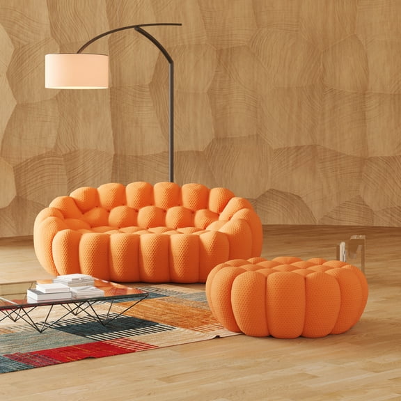 Sodrens 79.53" Bubble Couch with Single Seat,Modern Upholstered Mesh Fabric Lazy Floor Sofa,3D Honeycomb Shape Bubble Sofa Curved Couch for Living Room,Office,Apartment,No-Assembly(Orange)