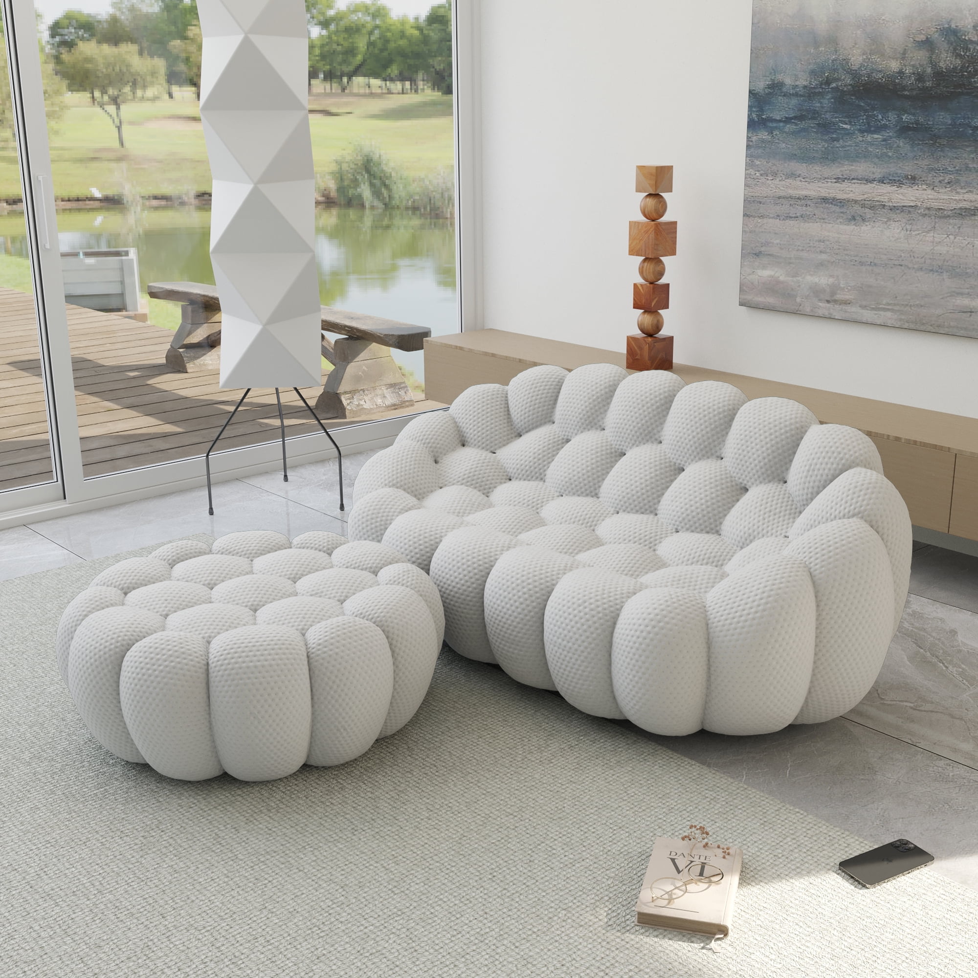 Sodrens 79.53" Bubble Couch with Single Seat,Modern Upholstered Mesh Fabric Lazy Floor Sofa,3D Honeycomb Shape Bubble Sofa Curved Couch for Living Room,Office,Apartment,No-Assembly(Light Gray)