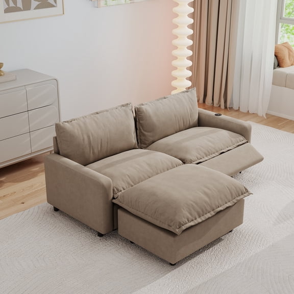 Sodrens 83.46" Power Recliner Sofa with Charging,Oversized Cloud Modular Sectional Couch with Ottoman,Convertible 2-Seater with Ottoman for Home Theater Living Room,Khaki