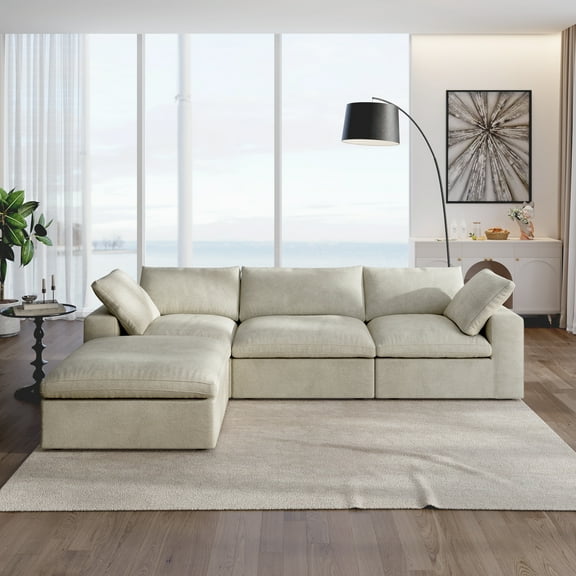 Sdorens Free Convertible Sectional Sofa Modular Couch,L-Shaped Modern Linen Fabric Sofa for Living Room,Apartment and Small Space,3-Seat Sofa with Ottoman,Khaki