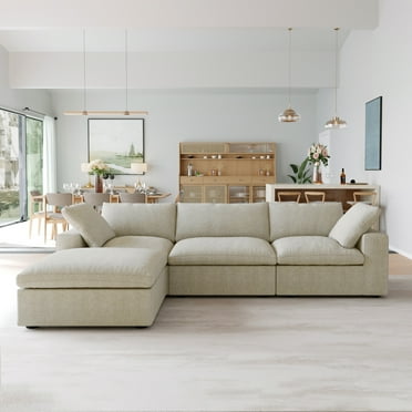 Sodrens Free Convertible Sectional Sofa Modular Couch,L-Shaped Modern Linen Fabric Sofa for Living Room,Apartment and Small Space,3-Seat Sofa with Ottoman,Khaki