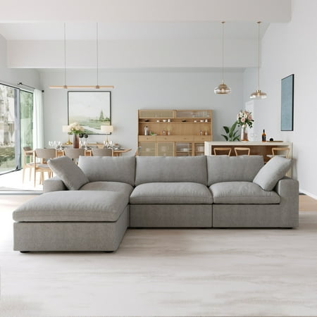 Sdorens Free Convertible Sectional Sofa Modular Couch,L-Shaped Modern Linen Fabric Sofa for Living Room,Apartment and Small Space,3-Seat Sofa with Ottoman,Light Gray