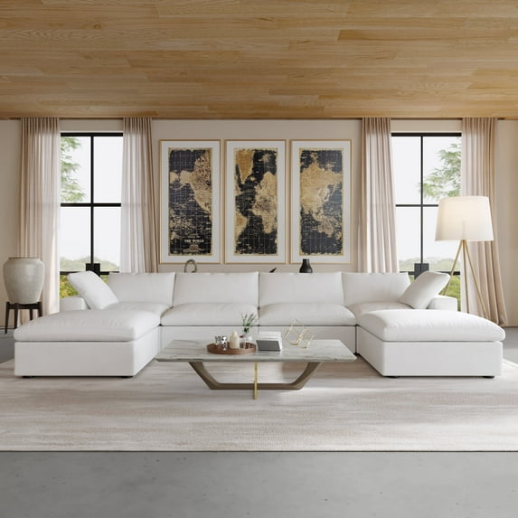 Sdorens Sectional Sofa,Free Convertible Modular Couch,U-Shaped Modern Linen Fabric Sofa for Living Room,Apartment and Small Space,4-Seat Sofa with Two Ottomans,White