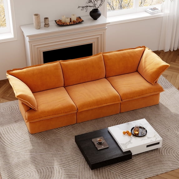 Sdorens Modular Sectional Sofa Couch,122.82" Velvet 3 Seater Sofa,Minimalist Style Comfy Couch for Living Room Apartment,Orange