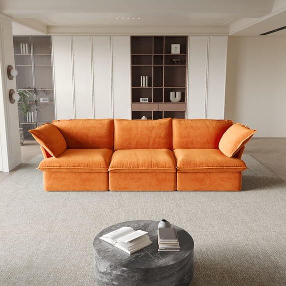Sdorens Modular Sectional Sofa Couch,122.82" Velvet 3 Seater Sofa,Minimalist Style Comfy Couch for Living Room Apartment,Orange