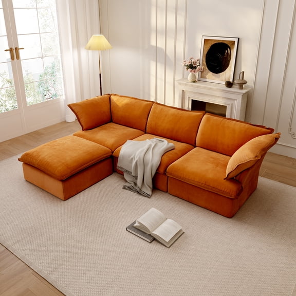 Sdorens Modular Sectional Sofa Couch,122.82" Velvet L-Shape Sofa with Ottoman,Minimalist Style Comfy Couch for Living Room Apartment,Orange