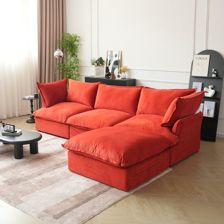 Sodrens Modular Sectional Sofa Couch,122.82" Velvet L-Shape Sofa with Ottoman,Minimalist Style Comfy Couch for Living Room Apartment,Red