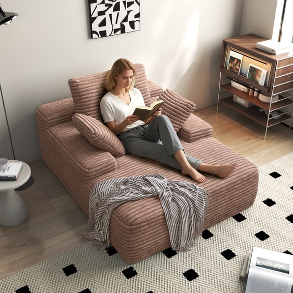 Sodrens 67" Oversized Chaise Lounge Chair Indoor,Cloud Plush Corduroy Upholstered Sofa Bed,Modern Deep Seat Sofa with Back Cushion,Pillows,Cozy Sleeper Couch for Living Room,Brown