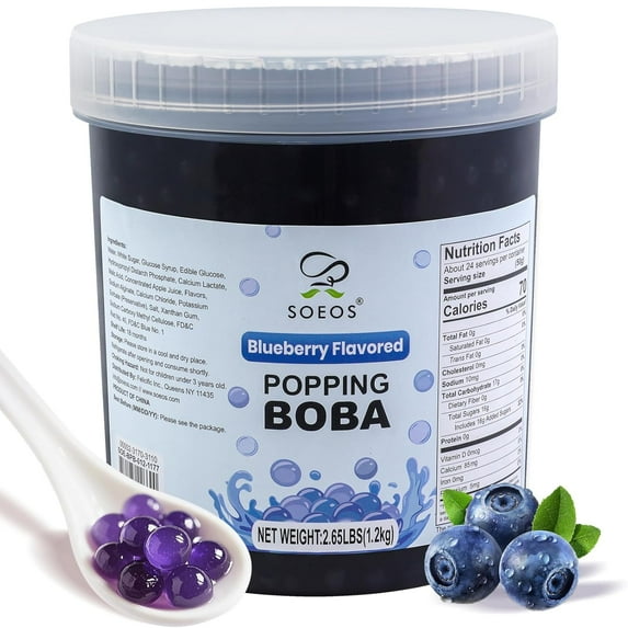 Soeos Blueberry Popping Boba, 1.2kg (2.6 lb), Juicy Blueberry Bursting Boba for Bubble Tea, Desserts, and Drinks