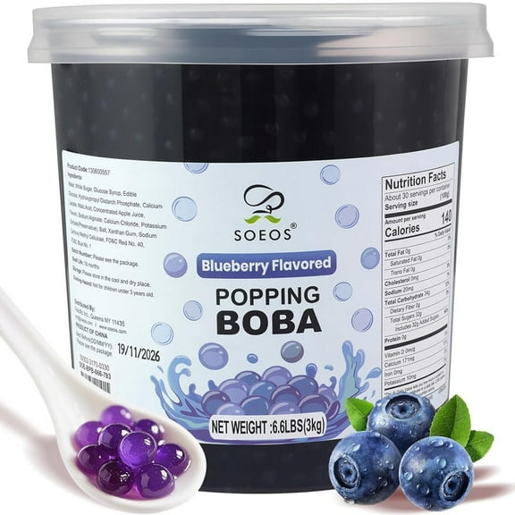 Soeos Blueberry Popping Boba Pearls, Bursting Boba Pearls for Bubble Tea, Beverages, Shakes, Desserts, Smoothie and Ice Cream Topping (6.6LB, 1 Pack)
