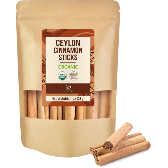Soeos Ceylon Cinnamon Sticks, 1 oz (Pack of 1), Organic Cinnamon Sticks, Real Cinnamon farmed in Sri Lanka, Non-GMO, Cinnamon for Coffee, Baking, Cooking and Beverages