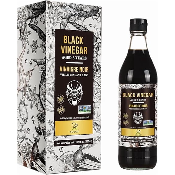 Soeos Chinkiang Black Vinegar, 16.9 fl oz (500 ml), 3-Year Naturally Aged Chinese Black Vinegar, Authentic Zhenjiang Black Rice Vinegar for Dumplings, Stir Fry & Dipping Sauce