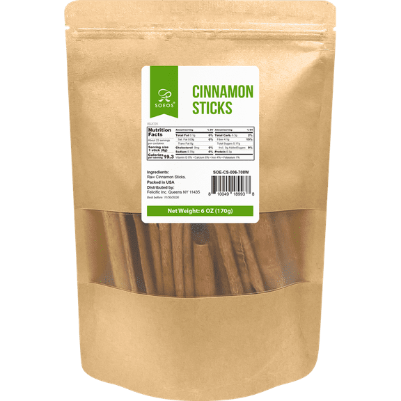 Soeos Cinnamon Sticks, 6 oz (170g), Medium Kraft Bag
