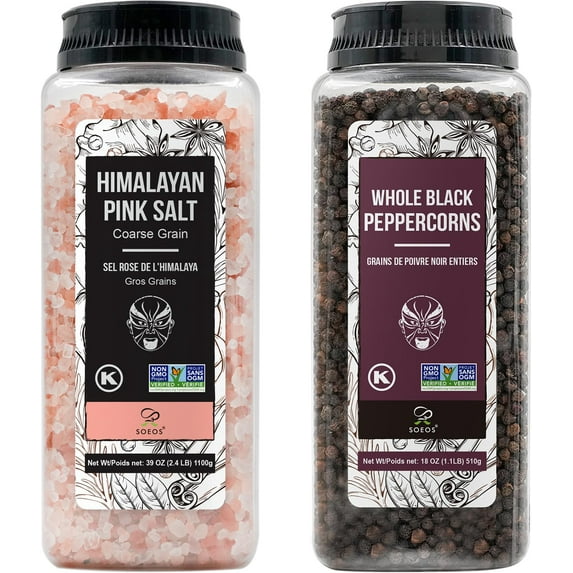 Soeos Himalayan Pink Salt 39 MDA05 oz + Whole Black Peppercorns 18 oz, Coarse Grain, Kosher Salt for Grinder Refill, Salt and Pepper Grinder, Non-GMO Verified, Spice Seasoning Set for Cooking
