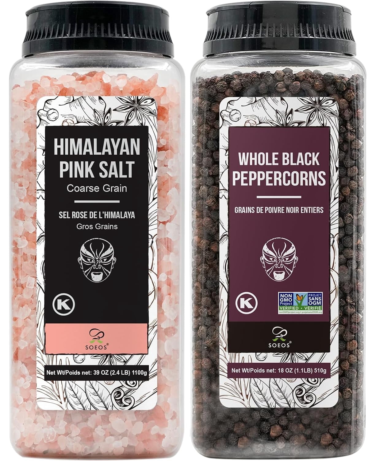 Soeos Himalayan Pink Salt 39oz + Whole Black Peppercorns 18oz, Kosher, Pink Salt and Peppercorn, Salt and Pepper for Grinders Refill, Fresh Flavor Spice and Seasoning Set