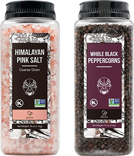 Soeos Himalayan Pink Salt 39oz + Whole Black Peppercorns 18oz, Non-GMO, Kosher, Pink Salt and Peppercorn, Salt and Pepper for Grinders Refill, Fresh Flavor Spice and Seasoning Set