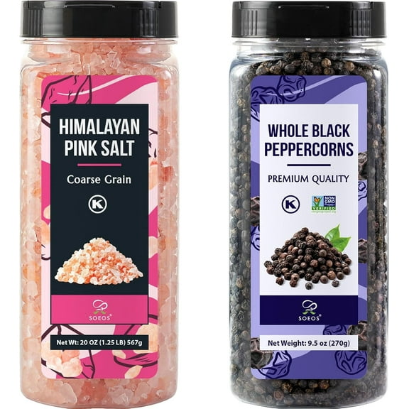Soeos Himalayan Pink Salt Coarse Grain, 20 oz + Whole Black Peppercorns, 9.5 oz (270g)
