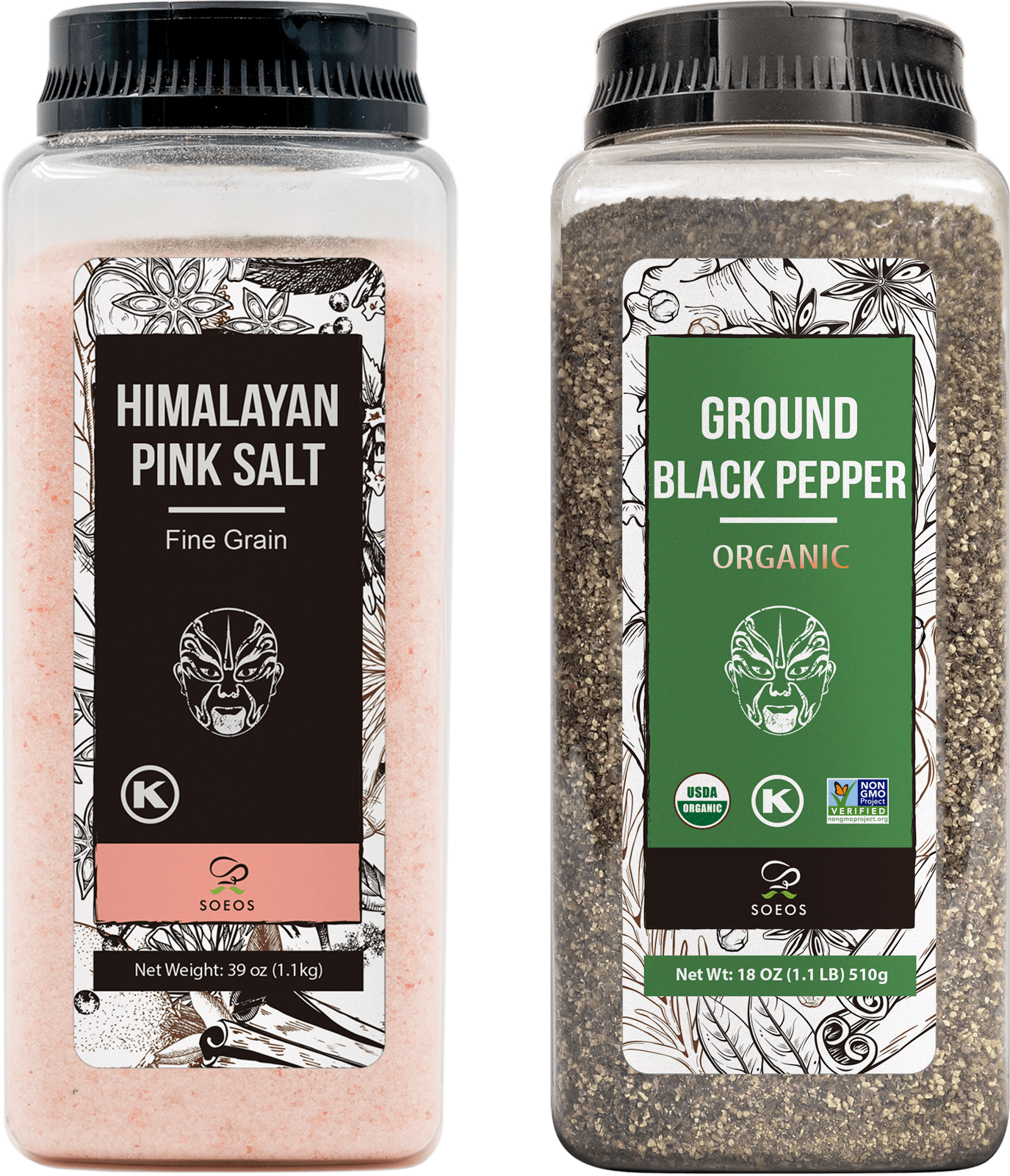 Soeos Himalayan Pink Salt Fine Grain 39 oz, Pink Himalayan Salt, Organic Ground Black Pepper 18 oz, Organic Black Pepper, Salt and Pepper Set