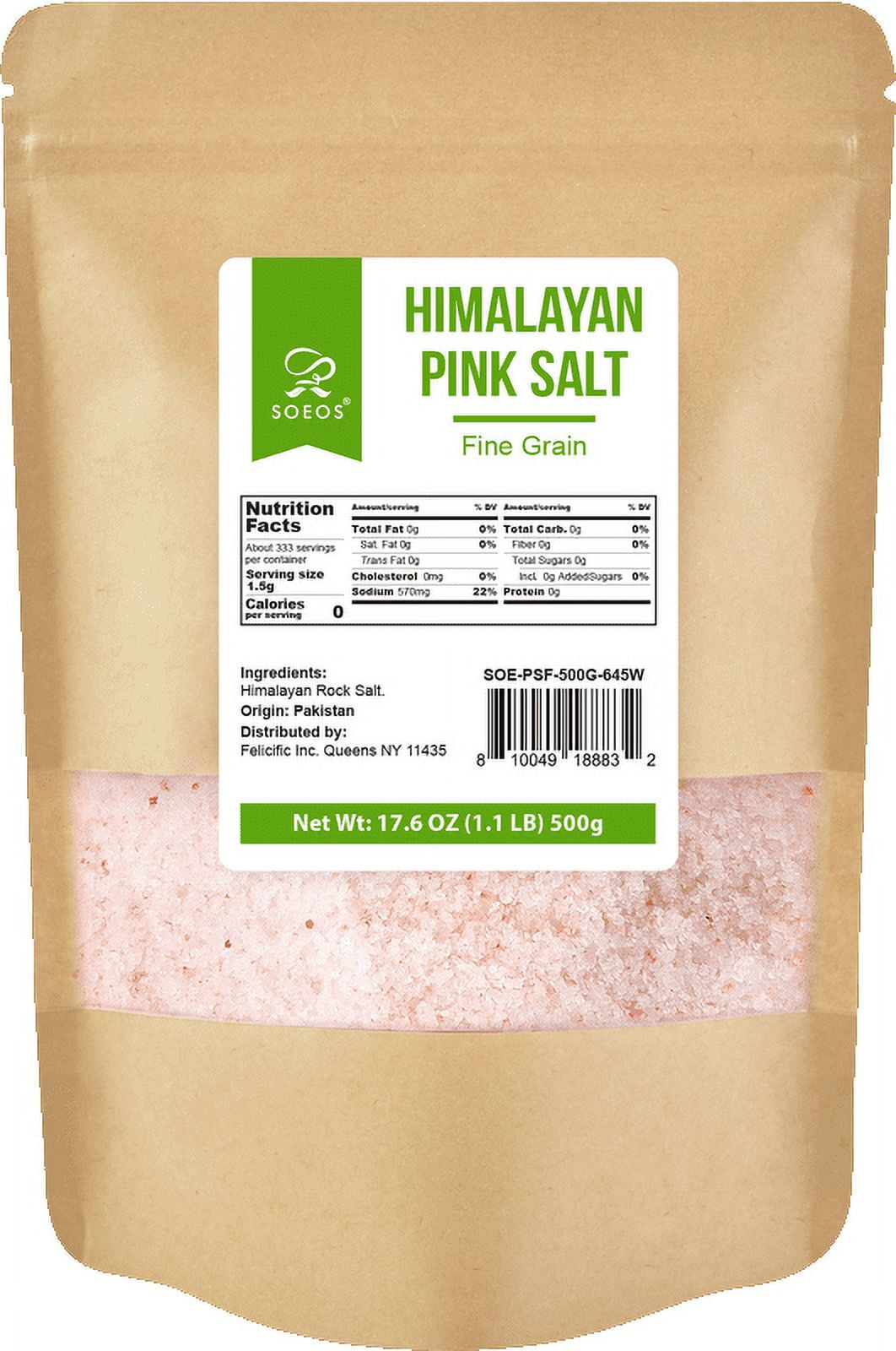 Soeos Himalayan Pink Salt, Fine Grain, 500g (1.1 lbs), 17.6 oz. Kraft Bag