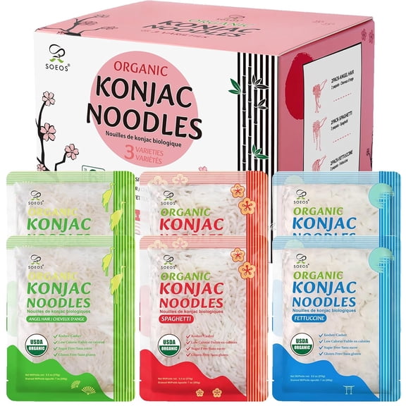 Soeos Konjac Noodles, Organic Shirataki Noodle, 0 Calorie, Keto and Paleo Friendly, 3 Variety Noodles, 52.8 oz ( Pack of 6)