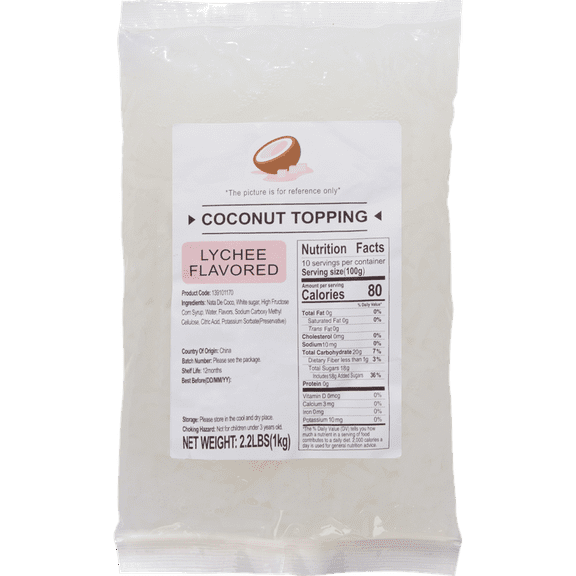Soeos Lychee Flavored Coconut Jelly Strips, 2.2 lbs (1 Kg)  Sweet & Chewy Tropical Snack, Ready-to-Eat Dessert Topping for Drinks, Bubble Tea, and Ice Cream