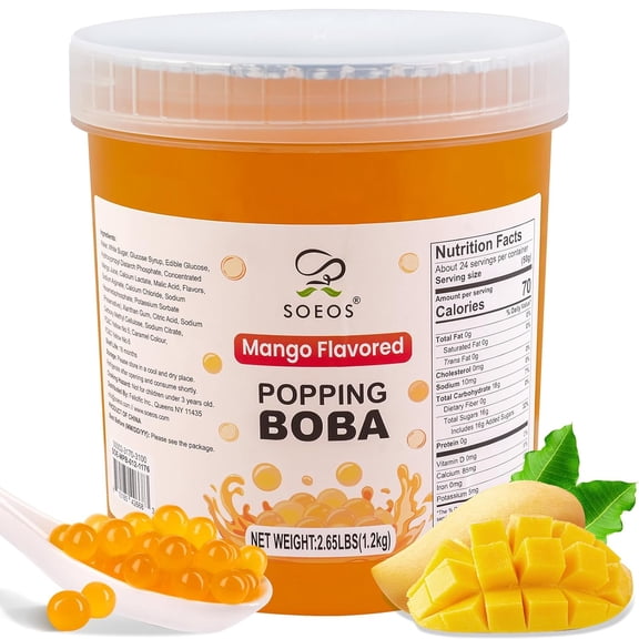 Soeos Mango Popping Boba, 1.2kg (2.6 lb), Juicy Bursting Mango Boba Balls for Bubble Tea, Desserts, and Drinks