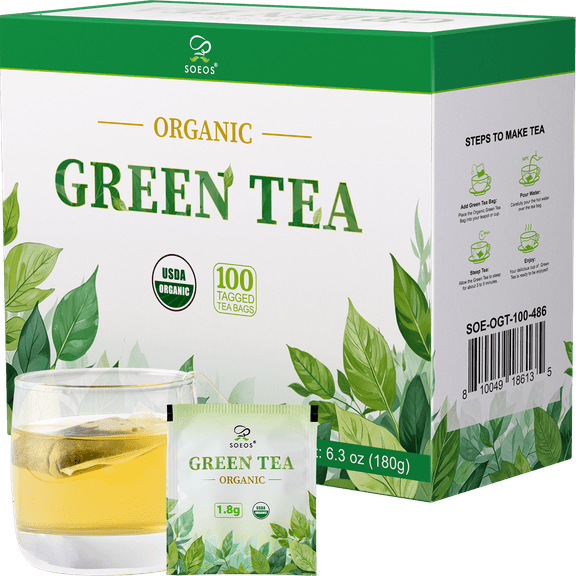 Soeos Organic Green Tea 6.3oz, Organic Green Tea 100 Tea Bags, Low Caffeine, Fresh and Healthy Green Tea Drink