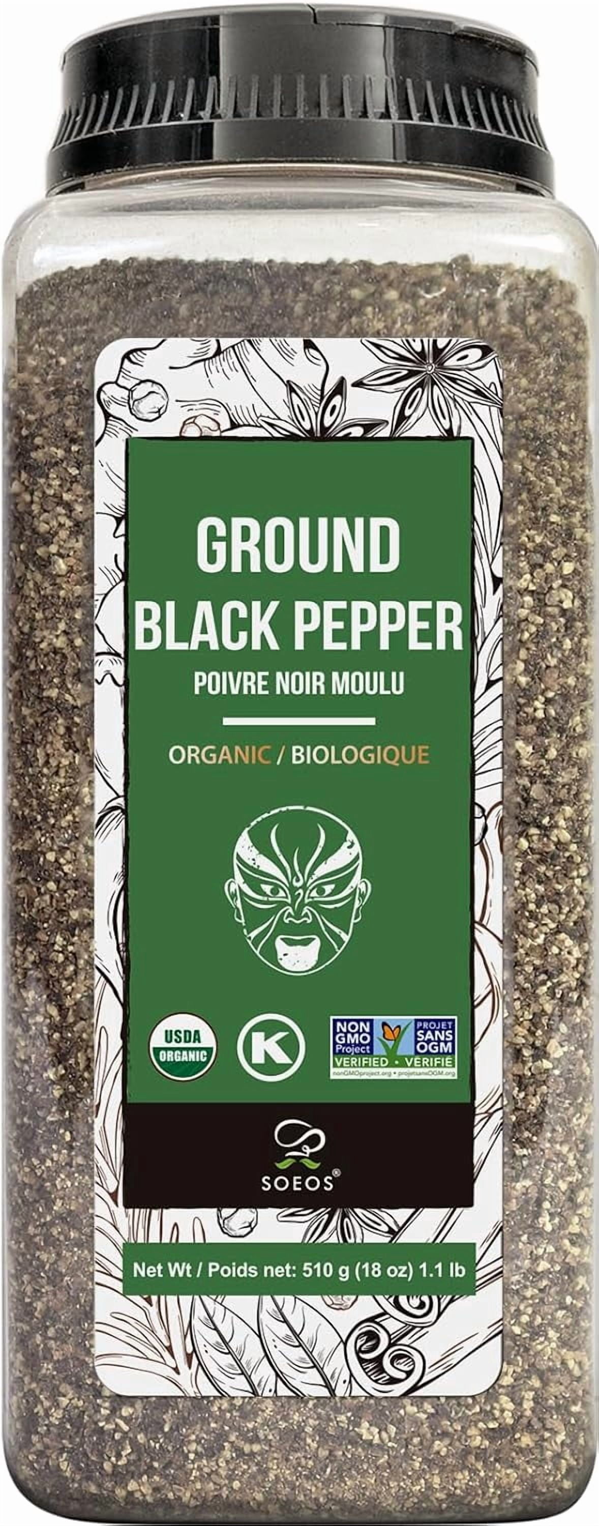 Soeos Organic Black Pepper Ground Fine 18oz (510g), Non-GMO, Freshly Packed, Fine Ground Black Peppercorns Powder for Refill.