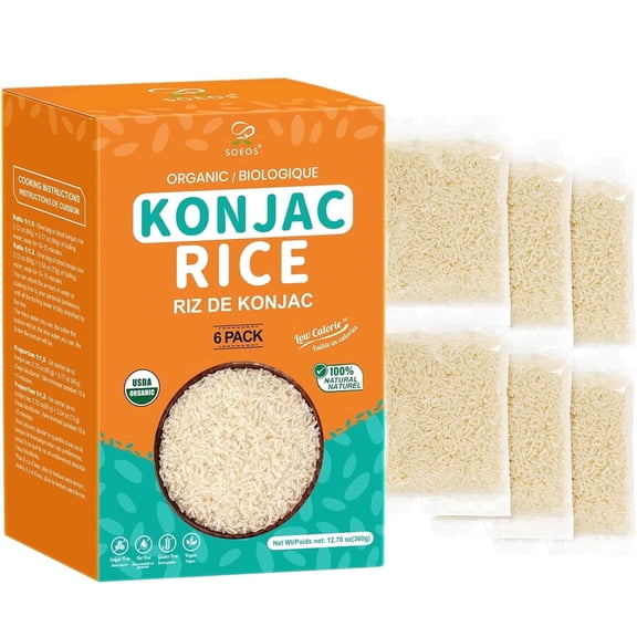 Soeos Organic Dried Konjac Rice, 6 Pack (60g Each), Plant-Based, Quick-Cooking Rice Alternative, Pantry Staple for Stir-Fries, Soups & More