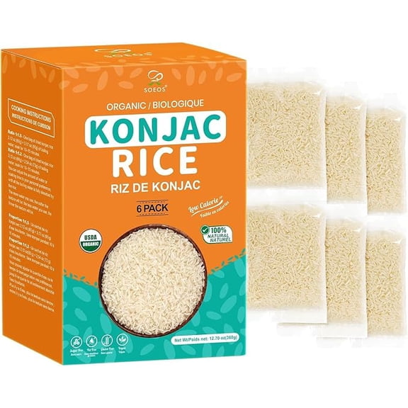 Soeos Organic Dried Konjac Rice, 6 Pack (60g Each), Plant-Based, Quick-Cooking Rice Alternative, Pantry Staple for Stir-Fries, Soups & More