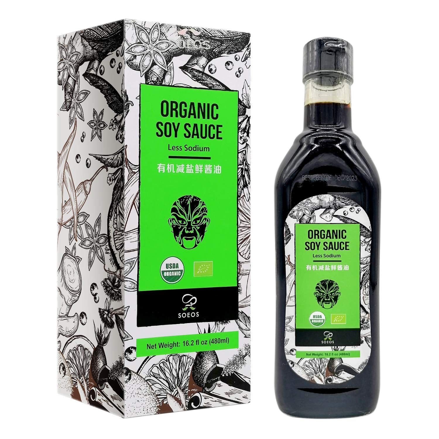 Soeos Organic Low Sodium Soy Sauce 16.2oz (480ml), USDA Organic