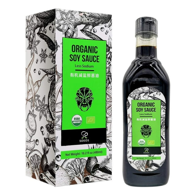 Soeos Organic Low Sodium Soy Sauce 16.2oz (480ml), USDA Organic
